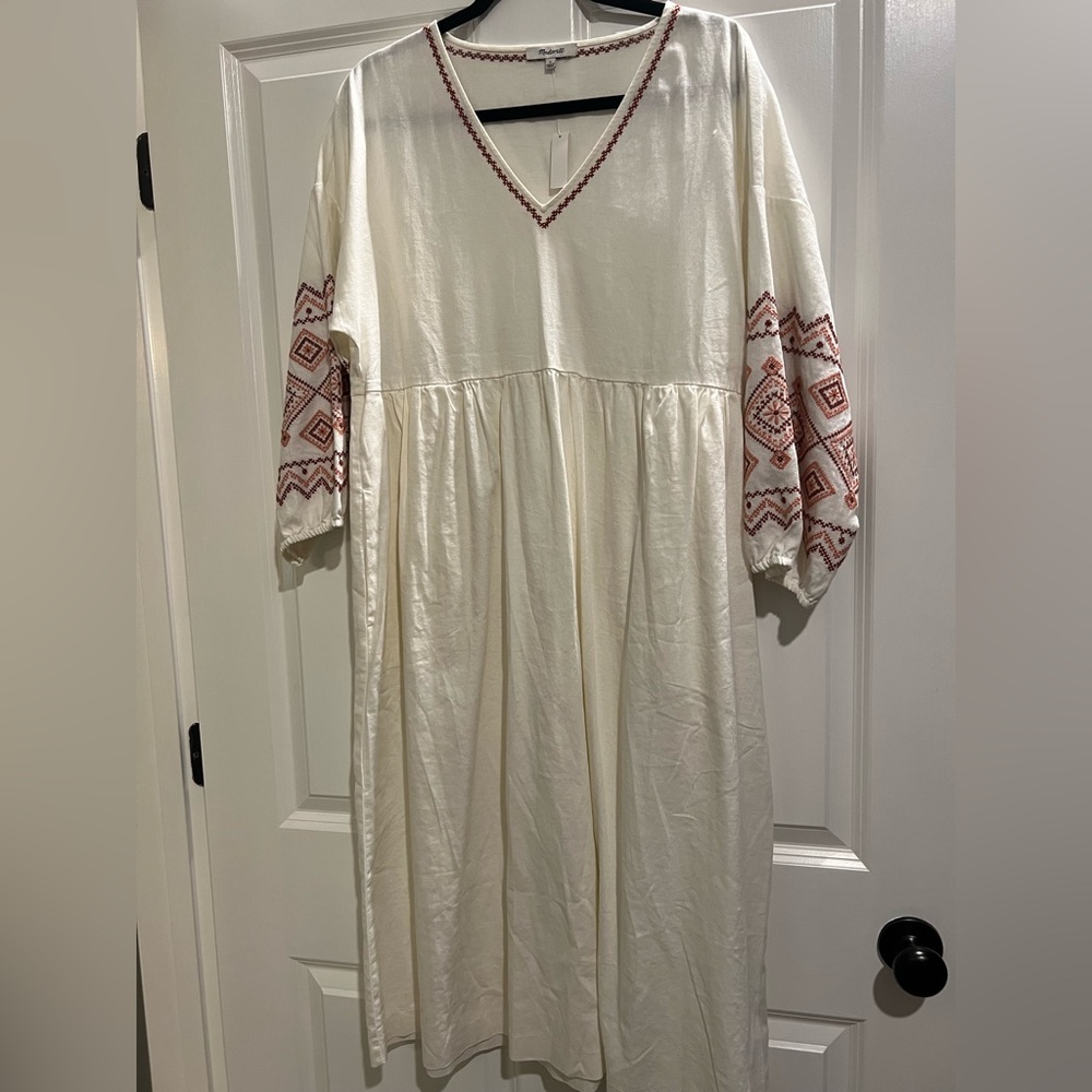 Madewell embroidered fall long sleeve linen midi dress Large